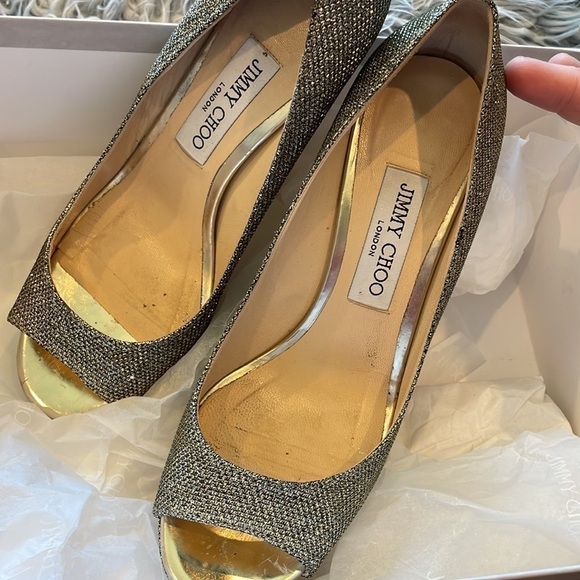 Jimmy Choo Luna 100 Platform Peep Toe Pumps | Metallic Bronze Lamè Glitter 37.5 - Picture 12 of 16